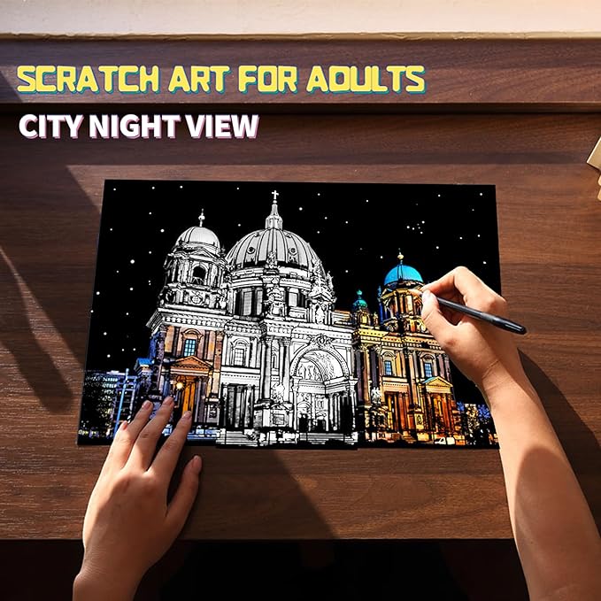 Scratch Art for Adults-Scratch Painting Craft Kit (4 Sheets 16x11 in)|Foil Engraving Art Set|Stress Relief Gift for Travel Lovers,Craft Lovers|Creative Scratch Art Home Decor(City Scape 2)