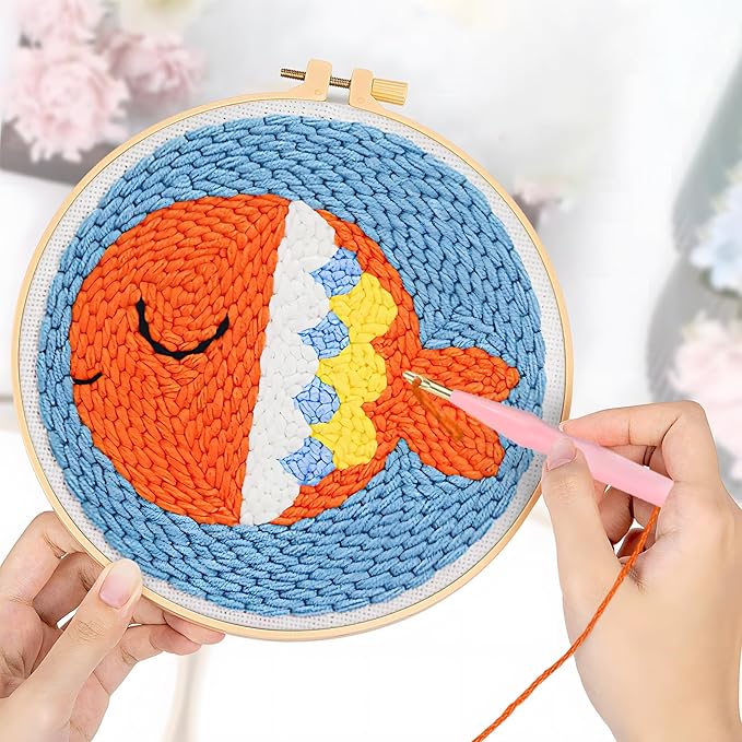 7 Pieces Punch Needle Tool, Portable Adjustable Embroidery Punch Needle for Stitching Applique Embellishment DIY Knitting (Blue, Pink)