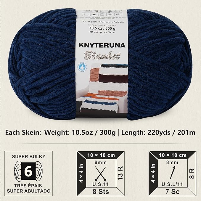 #6 Super Bulky Blanket Yarn for Crocheting - 4 Skeins(Each 10.5oz/300g, 220yds/201m), Chunky Chenille Thick Plush Big Soft Yarn for Crocheting Knitting Blankets, Navy Blue