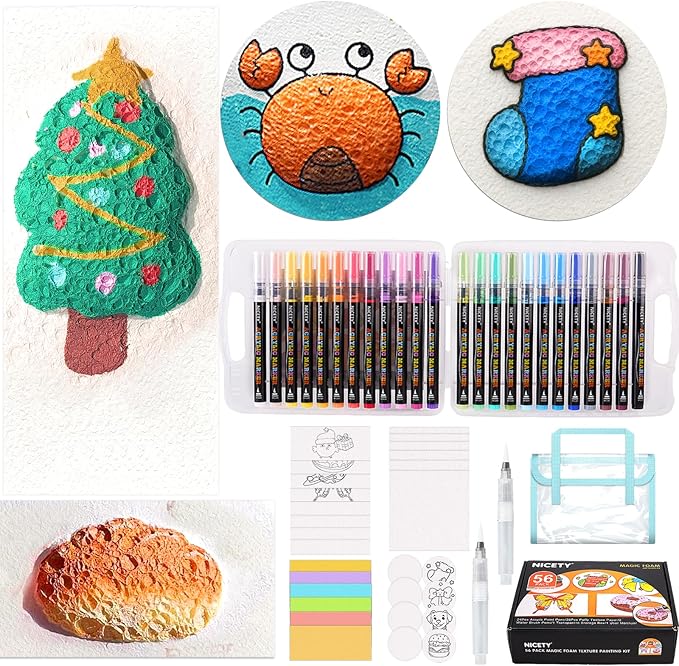 NICETY Magic Foam Texture Painting Kit, 56 Pack 3D Art Set with 24 Acrylic Paint Pens, 28 Puffy Texture Paper, 2 Water Brush Pens, Transparent Storage Box – Aqua Puffs Effect Magic Paint Set