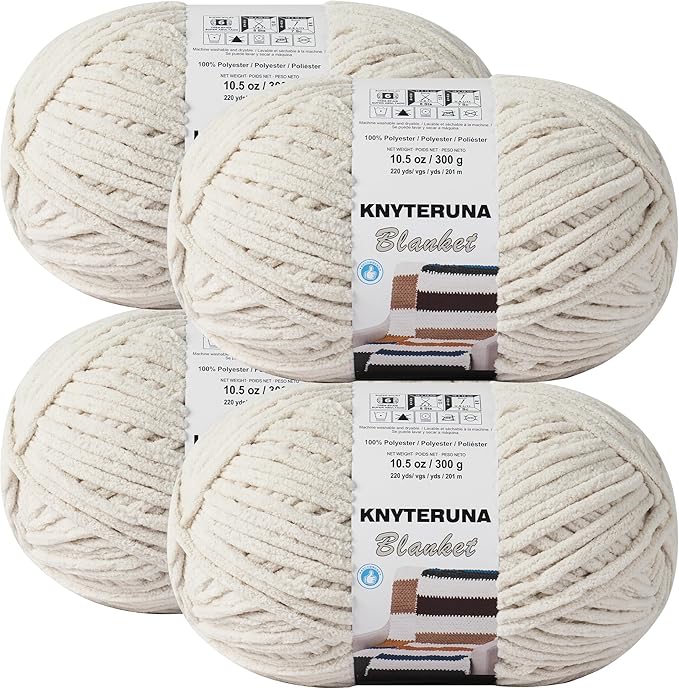 #6 Super Bulky Blanket Yarn for Crocheting - 4 Skeins(Each 10.5oz/300g, 220yds/201m), Chunky Chenille Thick Plush Big Soft Yarn for Crocheting Knitting Blankets, Beige White