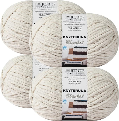 #6 Super Bulky Blanket Yarn for Crocheting - 4 Skeins(Each 10.5oz/300g, 220yds/201m), Chunky Chenille Thick Plush Big Soft Yarn for Crocheting Knitting Blankets, Beige White