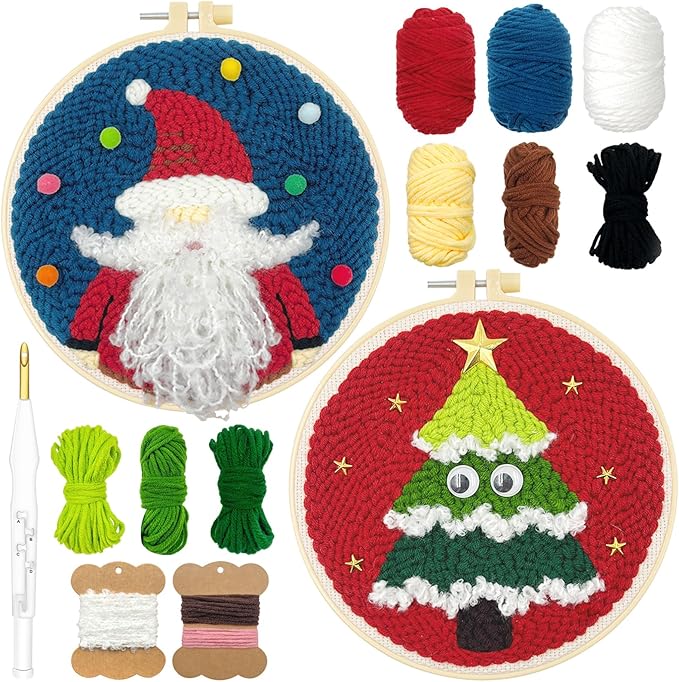 Hand U Journey Punch Needle Starter Kit | Rug Hooking Beginner's Set with Santa Claus and Christmas Tree Designs | Adjustable Punch Pen and Two 8.6'' Hoops | Ideal Craft Gift for Kids and Adults