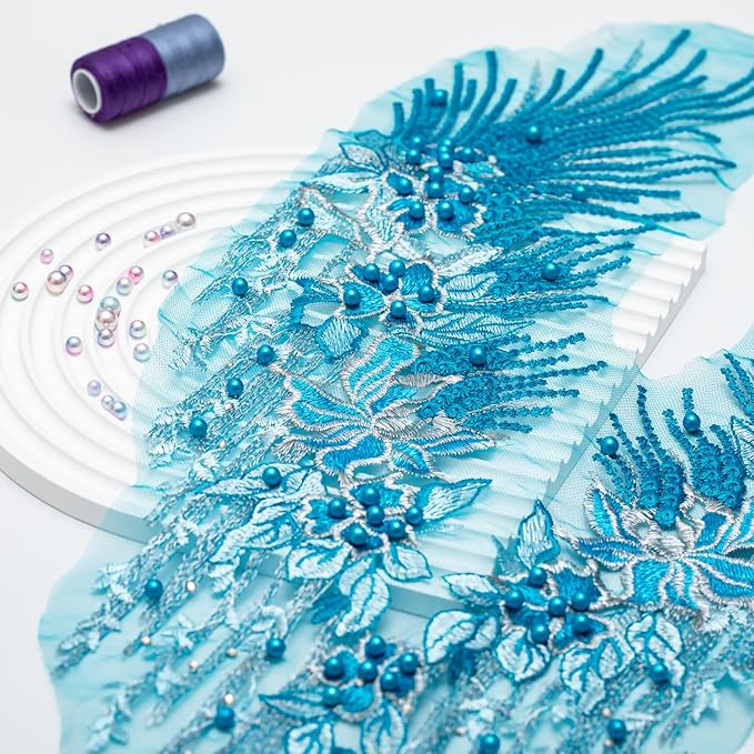 Beaded Pearl Flower Fabric Lace Applique, Floral Embroidered Patches Handmade Sewing Tool for DIY Neckline Bodice Wedding Bridal Prom Dress(Sky Blue-Small)