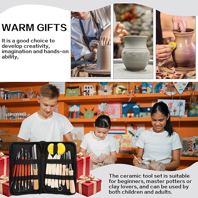 17Pcs Clay Sculpting Tools, Basic Clay Tools Kit, Polymer Clay Tools with Wooden Handles & Tool Bag, Practical Air Dry Clay Tools for Dotting, Carving, Molding, Pottery Kit for Adults Kids