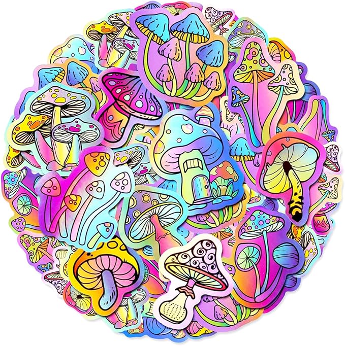 100 Pack Holographic Mushroom Stickers for Laptop Water Bottles Scrapbook, Mushroom Party Favors