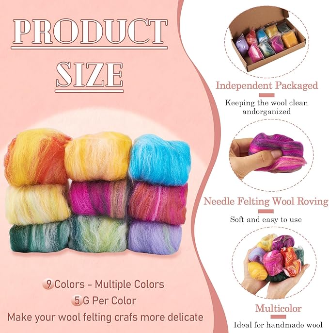 FASHEWELRY 1.5 OZ Wool Felting Set for DIY Craft, Nature Wool Roving Needle Felt Wool Roving for Needle Felting Hand Spinning DIY Craft Materials (9 Colors)