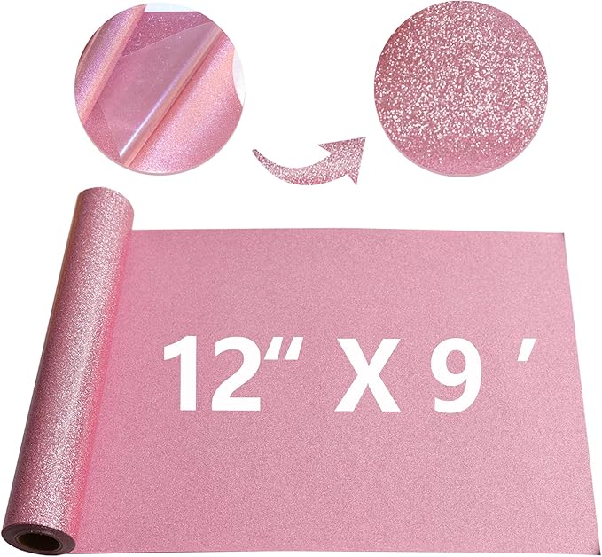 Pink Glitter HTV Heat Transfer Vinyl Rolls12inch by 9feet PU Stretch Iron on Vinyl HTV Vinyl for T-Shirt for Silhouette and Cameo (9Ft, Z1-Glitter Pink)