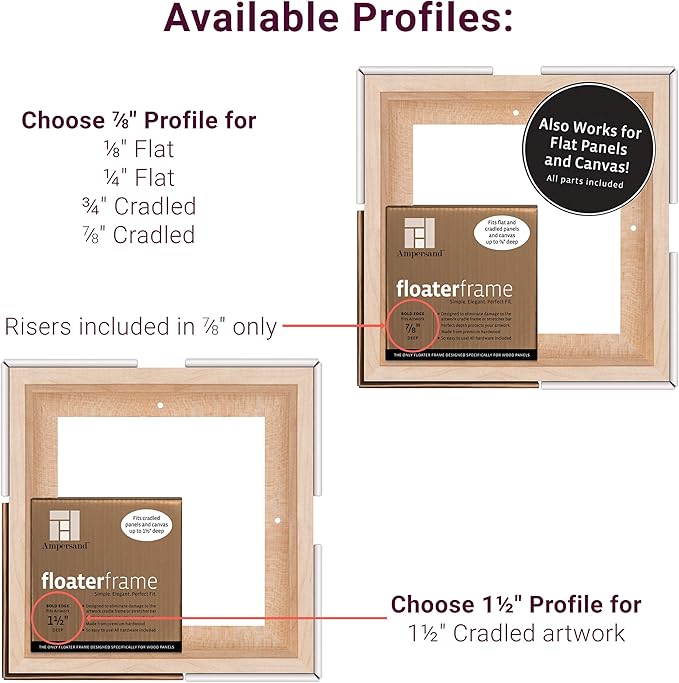 Ampersand Floaterframe Readymade Frame for Flat and 7/8" Deep Wood Panel and Canvas Artwork, Paintings, Prints, and More, 5"x7", Maple Bold