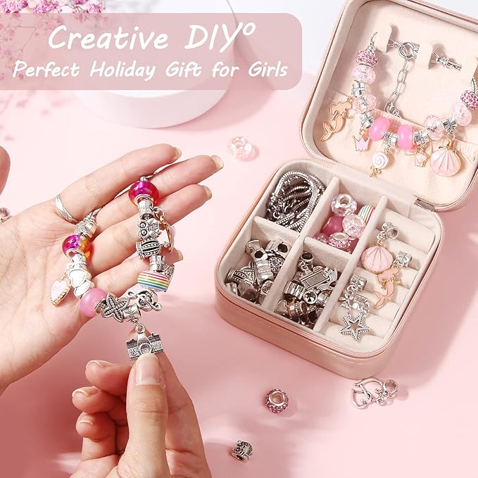 UFU Charm Bracelet Making Kit Girls Beads for Jewelry Making Kit, Unicorns Arts Crafts Gifts Set for Teen Girls Age 5 6 7 8-12, with a Portable Bracelet Organizer Box