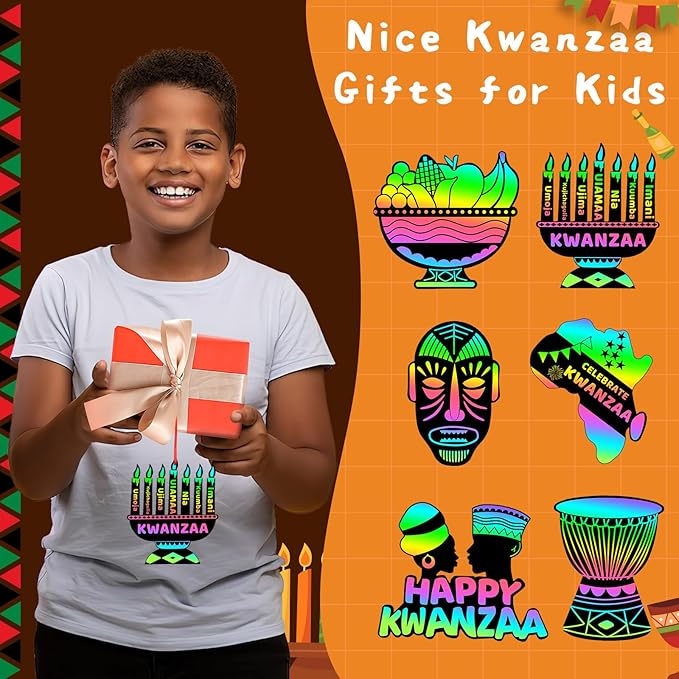 JULMELON 36 PCS Kwanzaa Crafts for Kids, Kwanzaa Magic Rainbow Scratch Art Paper Cards Kwanzaa Gifts for Students School Classroom Activities DIY Crafts Party Favors