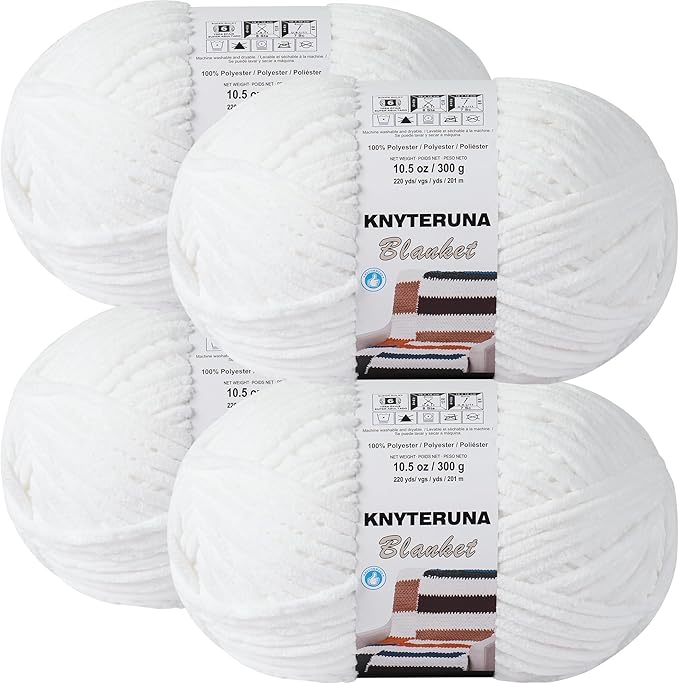 #6 Super Bulky Blanket Yarn for Crocheting - 4 Skeins(Each 10.5oz/300g, 220yds/201m), Chunky Chenille Thick Plush Big Soft Yarn for Crocheting Knitting Blankets, Pure White