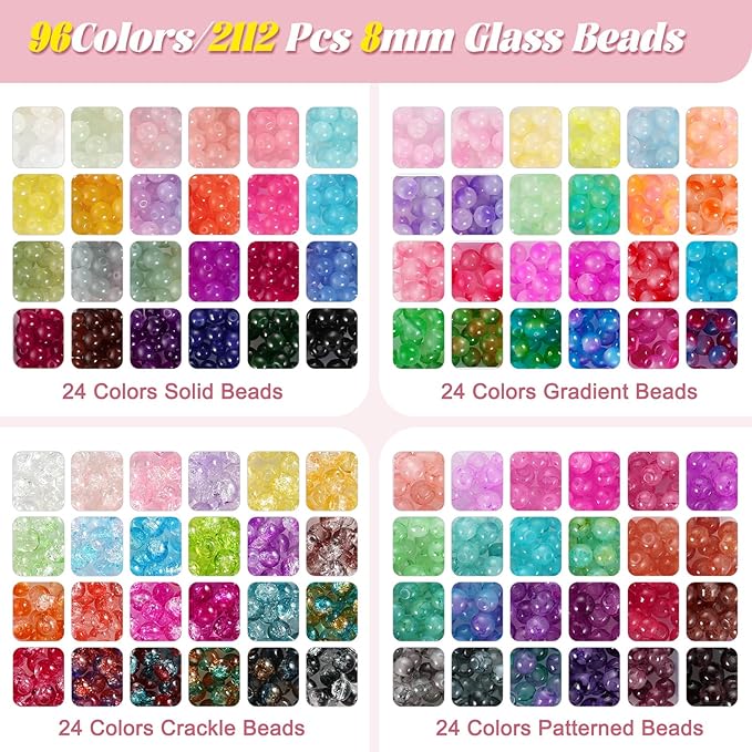 Funtopia 8mm Glass Beads for Jewelry Making, 4 Types 96 Colors Glass Beads Bracelet Making Kit, 2276pcs Round Crystal Beads for Bracelets Necklace Earrings DIY Crafts