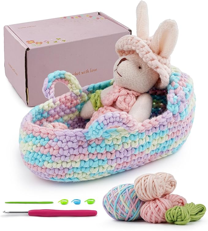 LetCartMaker Beginners Crochet Kits with Easy Peasy Yarn - Step-by-Step Video Tutorials - Starter Set with Hook, Guide, Yarn & Accessories (Rabbit in Basket)