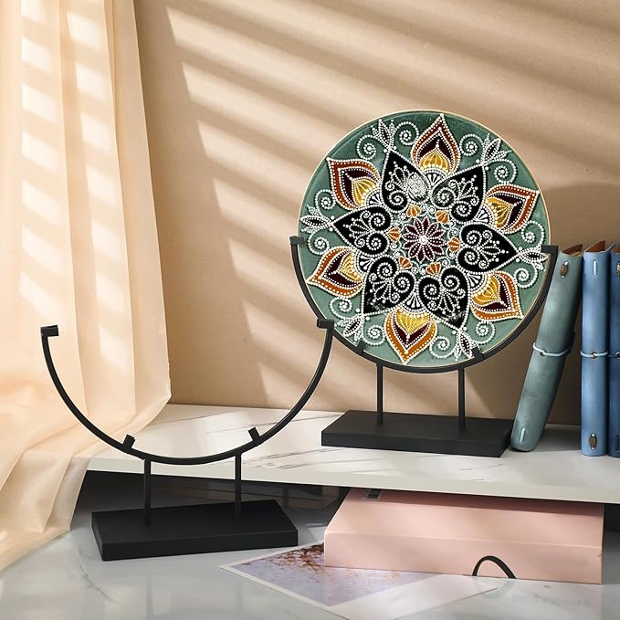 Blulu 4 PCS 8 Inch Round Metal Display Stands for Stained Glass Fused Glass Display Stands Decorative Art Base for Plate Picture Platter Photo(Black)