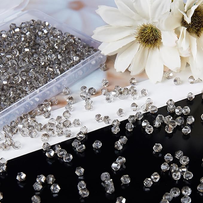 1100PCS 4mm Bicone Crystal Glass Beads for Jewelry Making, Sparkling Mini Beads for Suncatchers, DIY Bracelets & Craft Projects (Grey)