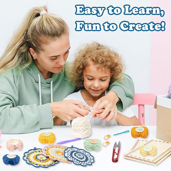 Alvian Mandala Coaster Crochet Kit for Beginners Crochet Starter Kits Craft Knitting with Step-by-Step Video Tutorials Mini Handmade Crochet Knitted Gift for for Birthday, Anniversary, Valentines