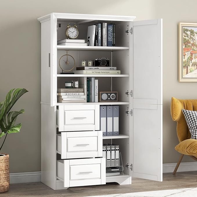 Large Storage Cabinet with 3 Doors and 3 Drawers, Freestanding Cabinet with Adjustable Shelves, Tall Modern Versatile Cupboard for Home Office Livingroom (White)