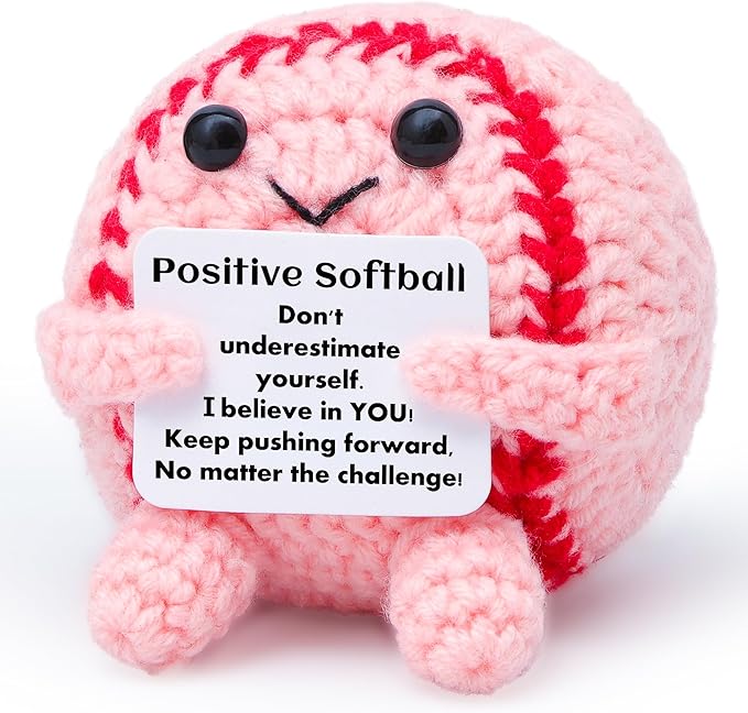 Mini Funny Positive Softball Gifts for Girls, Knitted Wool Softball Crochet Toy with Positive Card, Creative Cute Emotional Support Cheer Up Keepsake Gift for Kids Girls Women Friends Sister College
