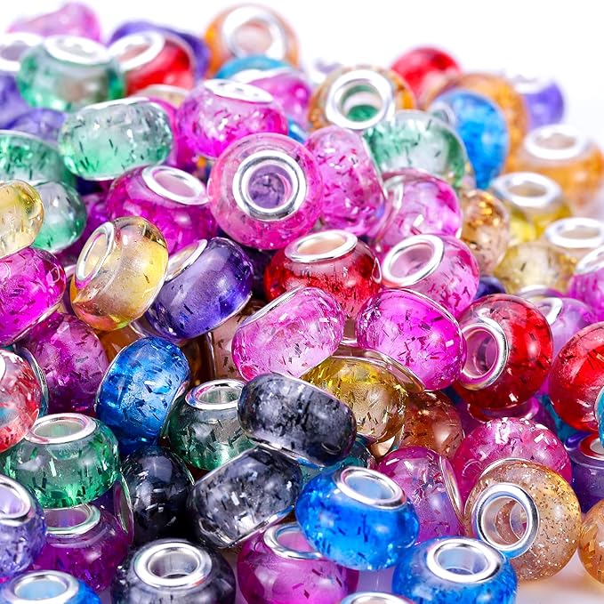 100 Pieces 14mm European Large Hole Spacer Beads Mix Color with Silver Brass Cores Assortments Charm Lampwork Beads Supplies for Necklace Bracelets Jewelry Making (Built-in Glitter Beads)