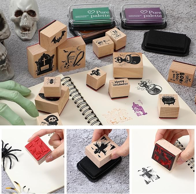 17 Pcs Halloween Wooden Rubber Stamps with Craft Ink Pads Mixed Spooky Witch Rubber Stamps for Card Making Decoration Party Gift Decor Scrapbooking Supplies