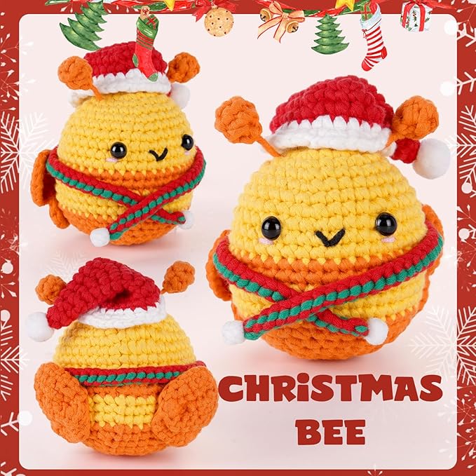 CrochetBox Crochet Kit for Beginners Adults - Christmas Bee Starters Crochet Kit, Beginners Crocheting Kitting for Adults Teen, Craft Gifts with Crochets Yarns, Hook, Step-by-Step Video, Instruction