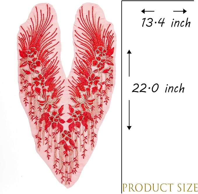 Beaded Pearl Flower Fabric Lace Applique, Floral Embroidered Patches Handmade Sewing Tool for DIY Neckline Bodice Wedding Bridal Prom Dress(Red-Small)