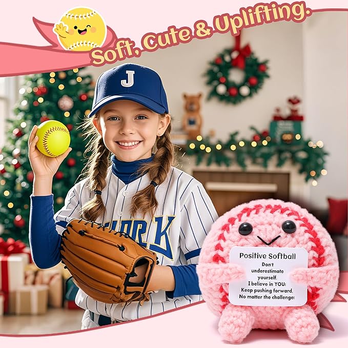 Mini Funny Positive Softball Gifts for Girls, Knitted Wool Softball Crochet Toy with Positive Card, Creative Cute Emotional Support Cheer Up Keepsake Gift for Kids Girls Women Friends Sister College