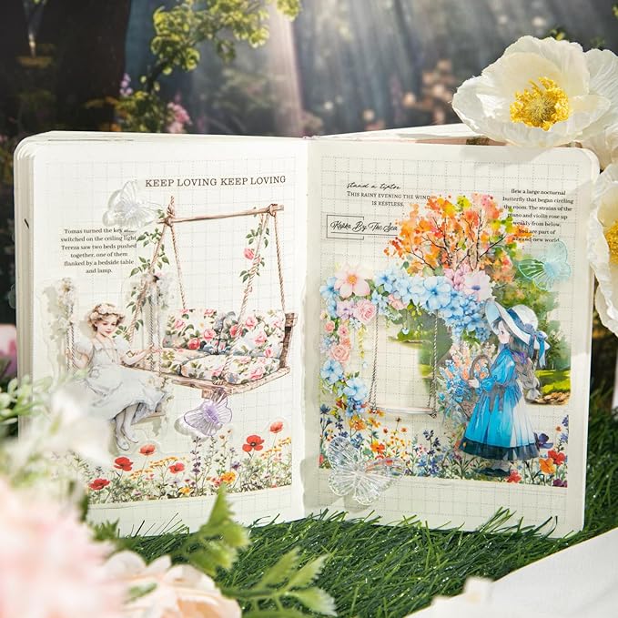 TIAMECH Swing Flower Girl PET Stickers - 60 Pcs Gentle Breeze & Chair Basket Swaying Design, Waterproof Sticker for Journaling & Scrapbooking, Junk Journal Supplies, Ephemera & DIY Crafts