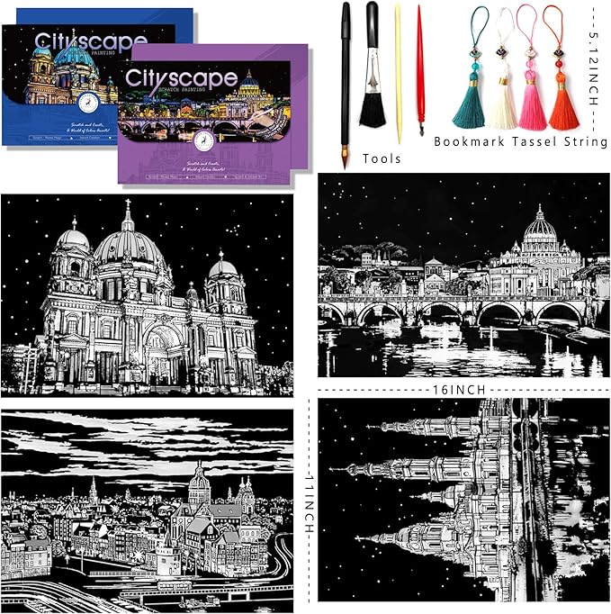 Scratch Art for Adults-Scratch Painting Craft Kit (4 Sheets 16x11 in)|Foil Engraving Art Set|Stress Relief Gift for Travel Lovers,Craft Lovers|Creative Scratch Art Home Decor(City Scape 2)