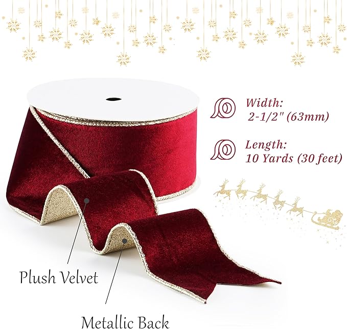 Burgundy Velvet Wired Ribbon with Glitter Back 2.5 Inch Burgundy and Gold Christmas Ribbon Wired Ribbon for Christmas Tree, Gift Wrapping, Mantel, Wreaths Supplies, Topper Bows (10 Yards)
