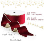 Burgundy Velvet Wired Ribbon with Glitter Back 2.5 Inch Burgundy and Gold Christmas Ribbon Wired Ribbon for Christmas Tree, Gift Wrapping, Mantel, Wreaths Supplies, Topper Bows (10 Yards)