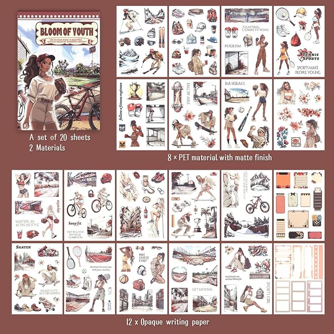 Dizdkizd Sport Themed Scrapbooking Journaling Stickers for Adults, 196 Die-Cut PET and Paper Sticker Book for Bullet Journal, Collage, Colored Girls Fitness Planner Stickers Kit