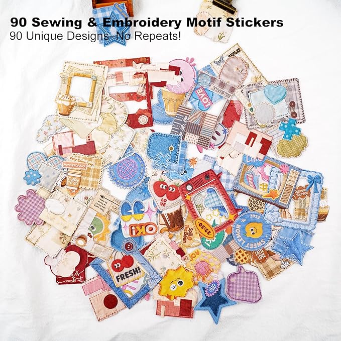 90PCS Sewing Diary Scrapbook Stickers Set — Printed Stitch and Fabric Style Cardstock, Peel and Stick Designs for Journals, Planners, Collage, DIY Crafts and Cute Sewing Aesthetic