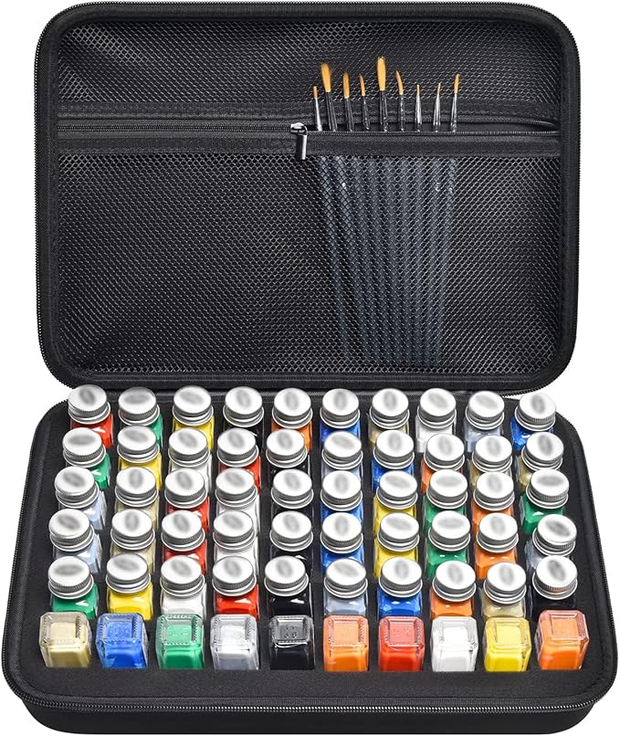 Model Paint Storage Case for Testors Paint Set, Paints Organizer Carrying Bag Holds 60 Bottles with 9 Fine Detail Miniatures Brushes, Enamel Container, Drawing Ink Holder- Box Only (Black)