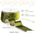 Moss Velvet Wired Ribbon with Glitter Back 2.5 Inch Green and Gold Christmas Ribbon Wired Olive Ribbon for Christmas Tree, Gift Wrapping, Crafts, Wreaths Supplies, Topper Bows (10 Yards)