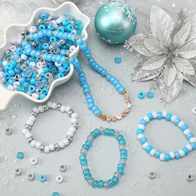 UPINS 1200Pcs Winter Pony Beads,Blue and White Pony Beads Hanukkah Snowflake Hair Glitter Beads Bulk Ocean Sea Beads for Crafts Friendship Necklace Earrings DIY