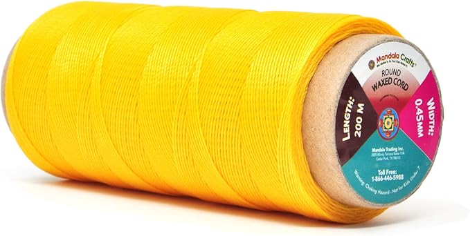 Mandala Crafts Yellow Round Waxed Thread for Leather Sewing - 219 Yds 200M 0.45mm Polyester Leather Thread String Waxed Cord for Leatherwork, Beading, Bookbinding, Hand Stitching