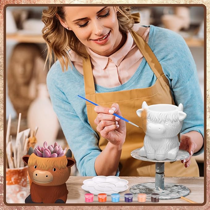 Beeveer 6 Pcs Ready to Paint Your Own Highland Cow Succulent Ceramic Pots Unpainted Ceramics Cartoon Cow Shaped Flower Pots DIY Kit Planter Container with Drainage Hole for Home and Office Decoration