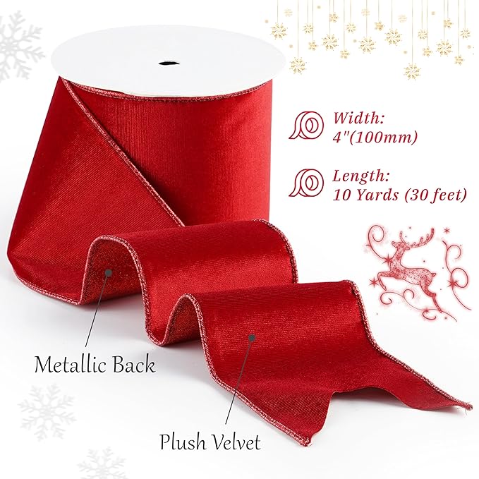 Red Velvet Wired Ribbon with Glitter Back 4 Inch Red Christmas Ribbon Wired Reversible Ribbon for Christmas Tree, Gift Wrapping, Mantel, Wreaths Supplies, Topper Bows (10 Yards)