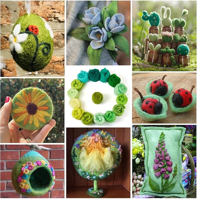 FASHEWELRY 2.6 OZ Nature Wool Roving Set Green Theme Needle Felting Wool Roving 15 Colors Wool Felting Supplies for Needle Felting Wet Felting DIY Hand Spinning