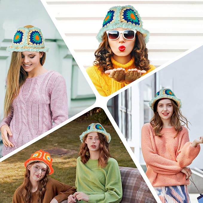 Noocro Crochet Kit for Beginners or Intermediate Level, Fuzzy Granny Square Bucket Hat, Step by Step Video Tutorial, Detailed Instruction Complete Kit Craft Supplies Holiday Gift (Ocean Blue)