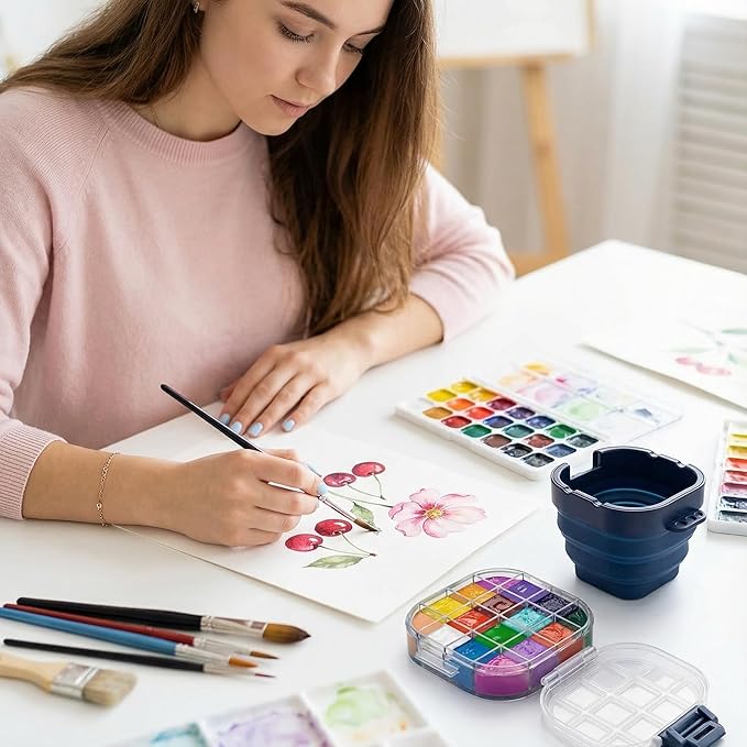 DUGATO Airtight Watercolor Palette Box (16-Well) with Lid & Collapsible Brush Basin - Portable Paint Saver for Acrylic, Gouache, Oil - Travel Art Supplies (Blue)