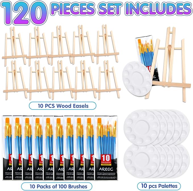 AROIC 120 PCS Painting Supplies Set with 10 PCS Wood Easels, 10 Packs of 100 Brushes with Nylon Brush Head and 10 PCS Palettes, Tabletop Wooden Art Easel for Kids & Adults Sip and Paint Party