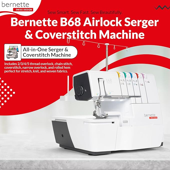 Bernette B68 Airlock Serger Sewing Machine | Adjustable Stitch Length, 1300SPM, LED Light, 5 Thread Options, Presser Foot Adjustment | Scissors, Rotary Cutter, Threads Bundle, Cutting Mat