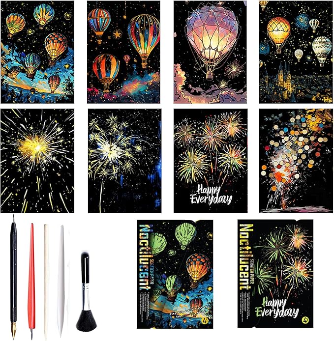 Georgie Porgy Scratch Paper Art Set for Kids Adults Magic Rainbow Painting Boards for DIY Arts and Crafts Kits Christmas Birthday Gift with Scratching Tools Kit (Glow in The Dark Fireworks + Balloon)