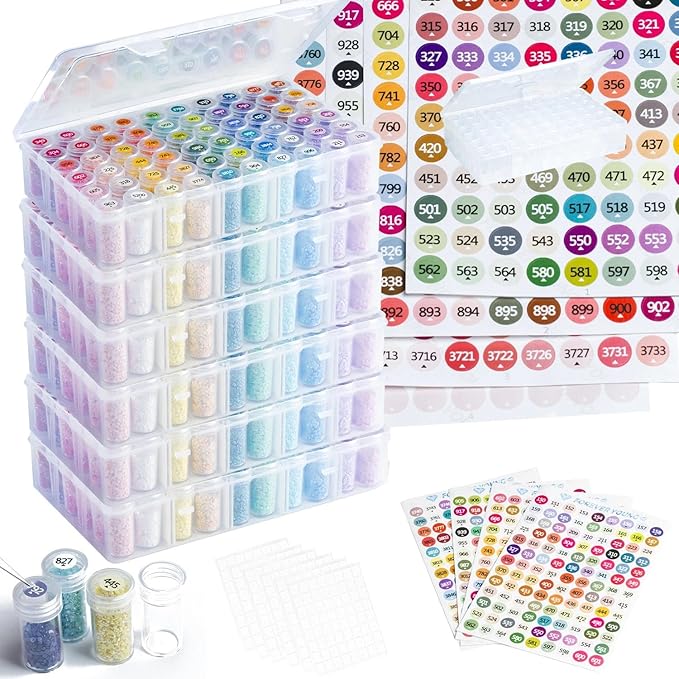 forever young Diamond Painting Storage Containers, 6 Pack 360 Grids Bead Organizer with Labels, Bead Organizers and Storage for Diamond Art Accessories and Tools Box