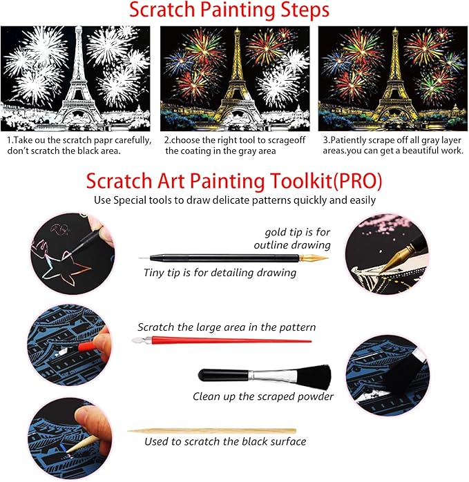 Iskueal Scratch Art Painting Set for Adults – 8 Sheets A4 Rainbow Scratch Paper,Night Scene Engraving Art Kit Creative Craft Art Set for Craft Enthusiasts (Brazilian Statue/Person)