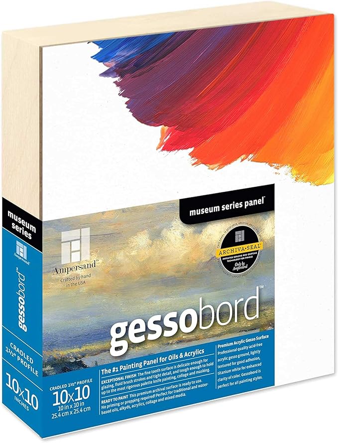 Ampersand Art Supply Gesso Wood Painting Panel: Museum Series Gessobord, 10" x 10", 1-1/2" Cradled Profile