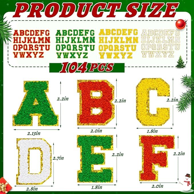 104 Pcs Red Green Christmas Patches Chenille Letter Patches Embroidered Stick on Patches Self Adhesive for Clothing,A-Z Letter Stickers Sew on Patches for Sweaters Jackets Hats Stockings Backpacks